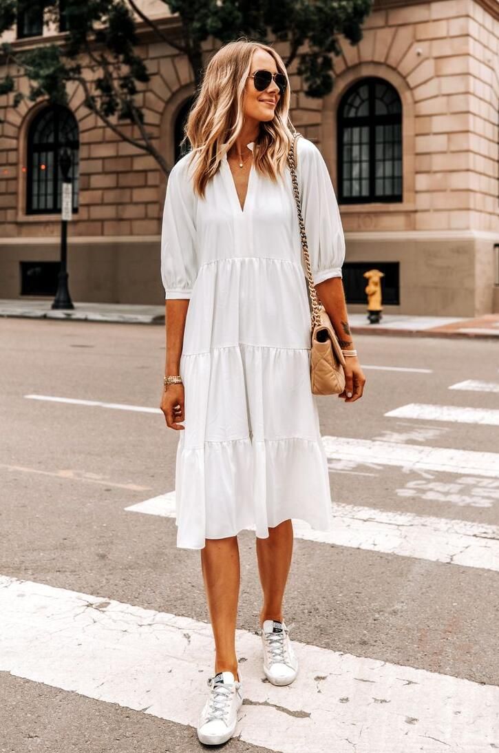 Midi dress with white tennis shoes